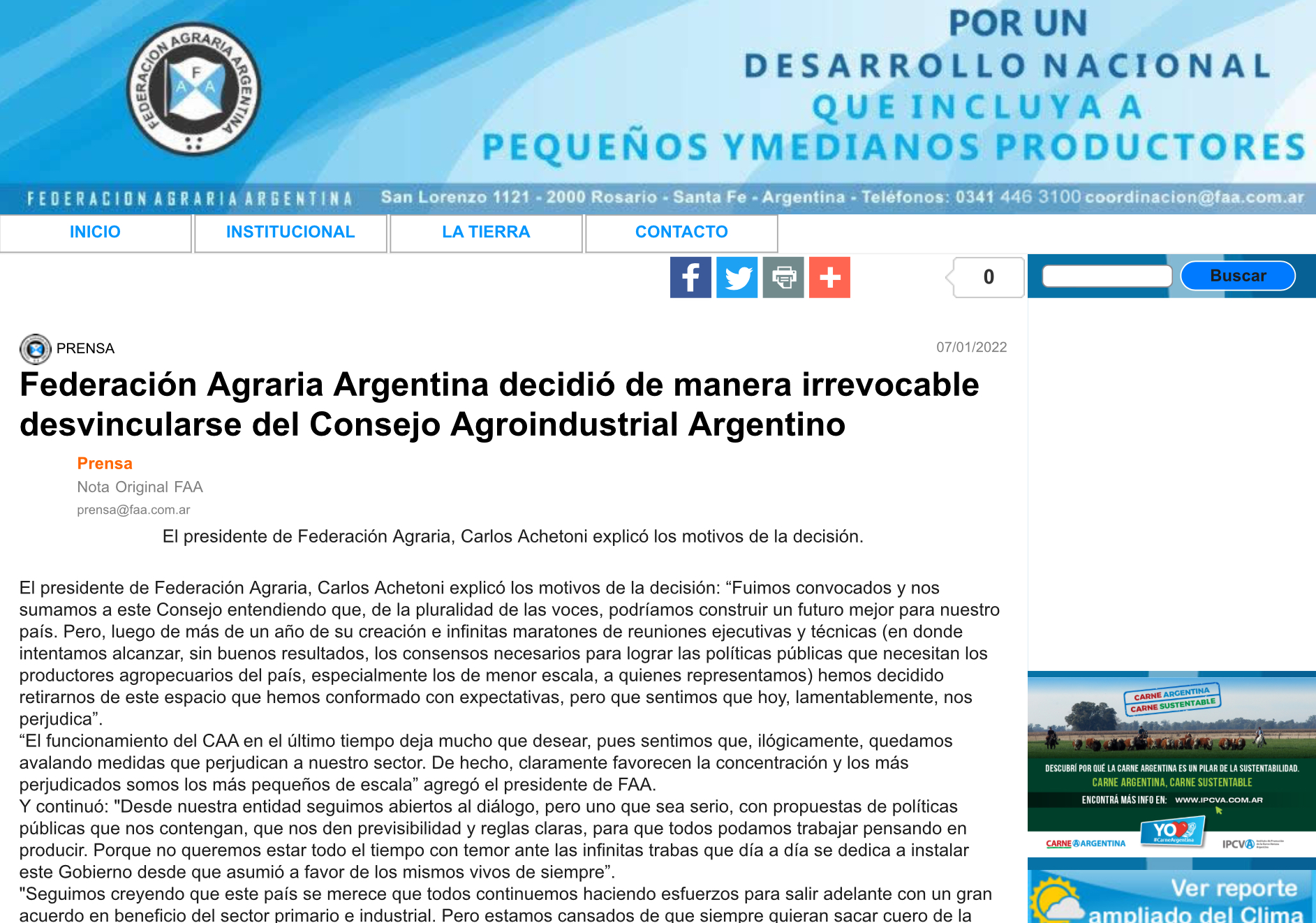 Federación Agraria Argentina decidió de manera irrevocable desvincularse del Consejo Agroindustrial Argentino