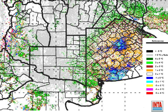 El mapa de heladas sobre la región pampeana